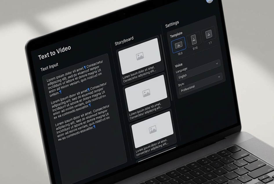 Text to Video tool: text input, storyboard thumbnails, template selection